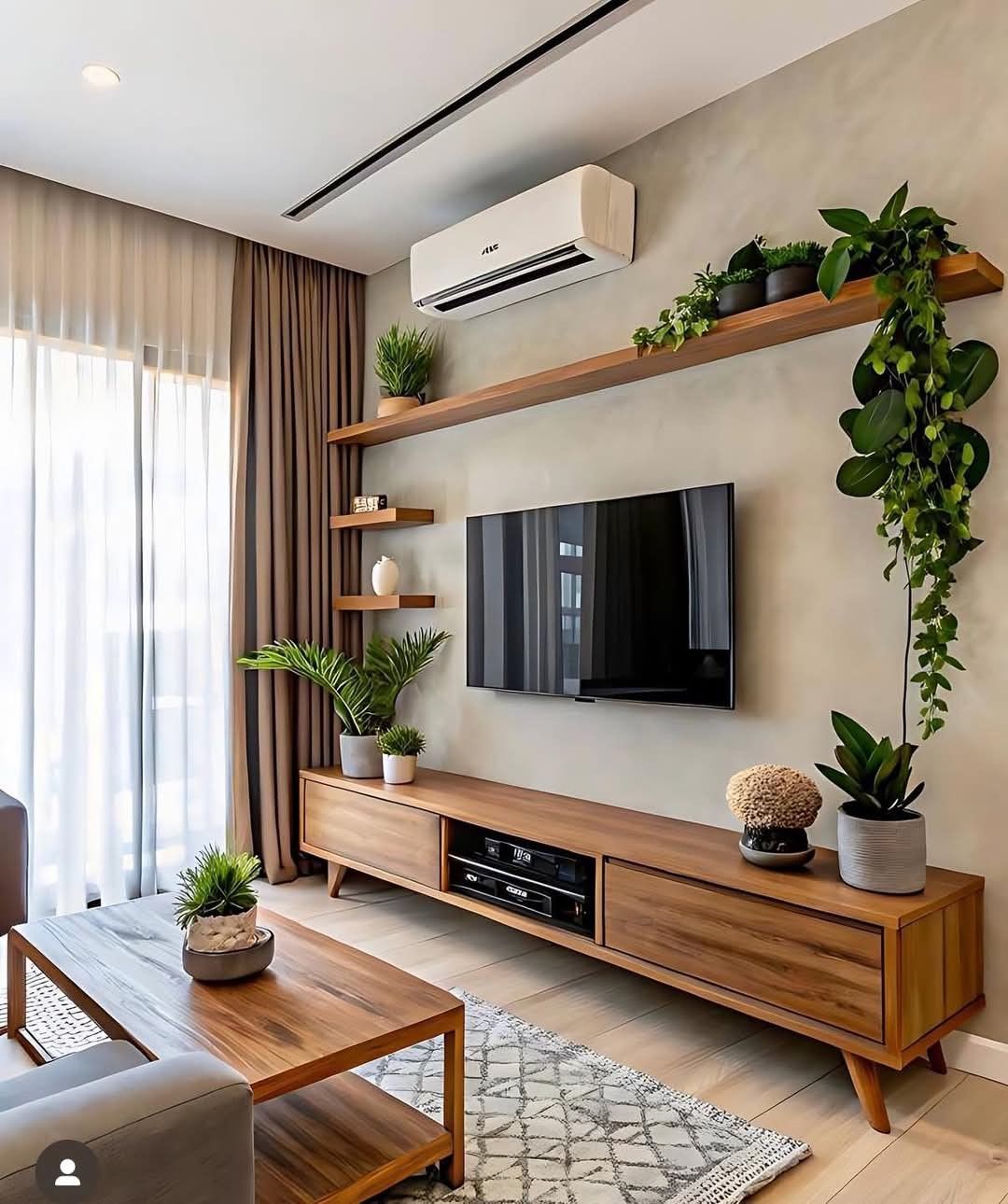 Modern living room with wooden shelves, TV, and decorative plants.